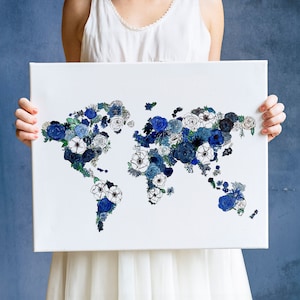 Blue Floral World Map Art Print: Watercolor Travel Artwork