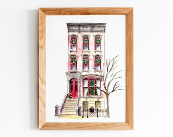 Winter Brownstone Watercolor Print: NYC Christmas Illustration