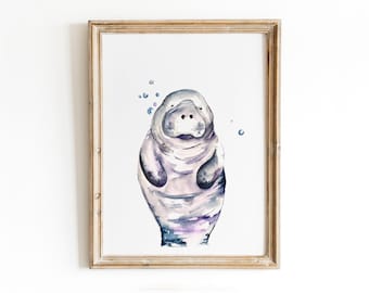 Manatee Watercolor Art Print: Florida Wildlife Home Decor