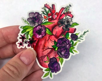 Floral Anatomical Heart Sticker: Waterproof Matte Vinyl Die Cut