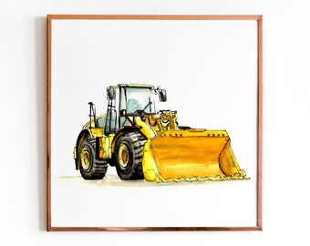 Yellow Construction Truck Watercolor Print | Front End Loader, Illustration, Baby Shower Gift, Nursery Artwork, Truck Artwork