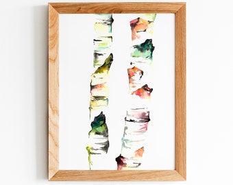 Abstract Birch Tree Watercolor Print, Autumn Artwork