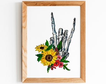 Rock On Skeleton Floral Watercolor Print, Watercolor Sketch