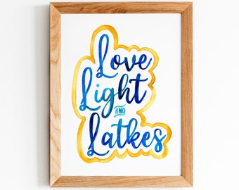 Love, Light, Latke Watercolor Print | Hanukkah Artwork, holiday illustration, Chanukah Card