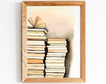 Book Stack Watercolor Giclée Print: Bookshelf Art