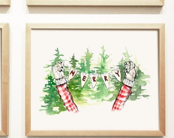 Christmas Merry Forest Illustration Watercolor Print | Christmas Artwork, holiday illustration, Xmas Card