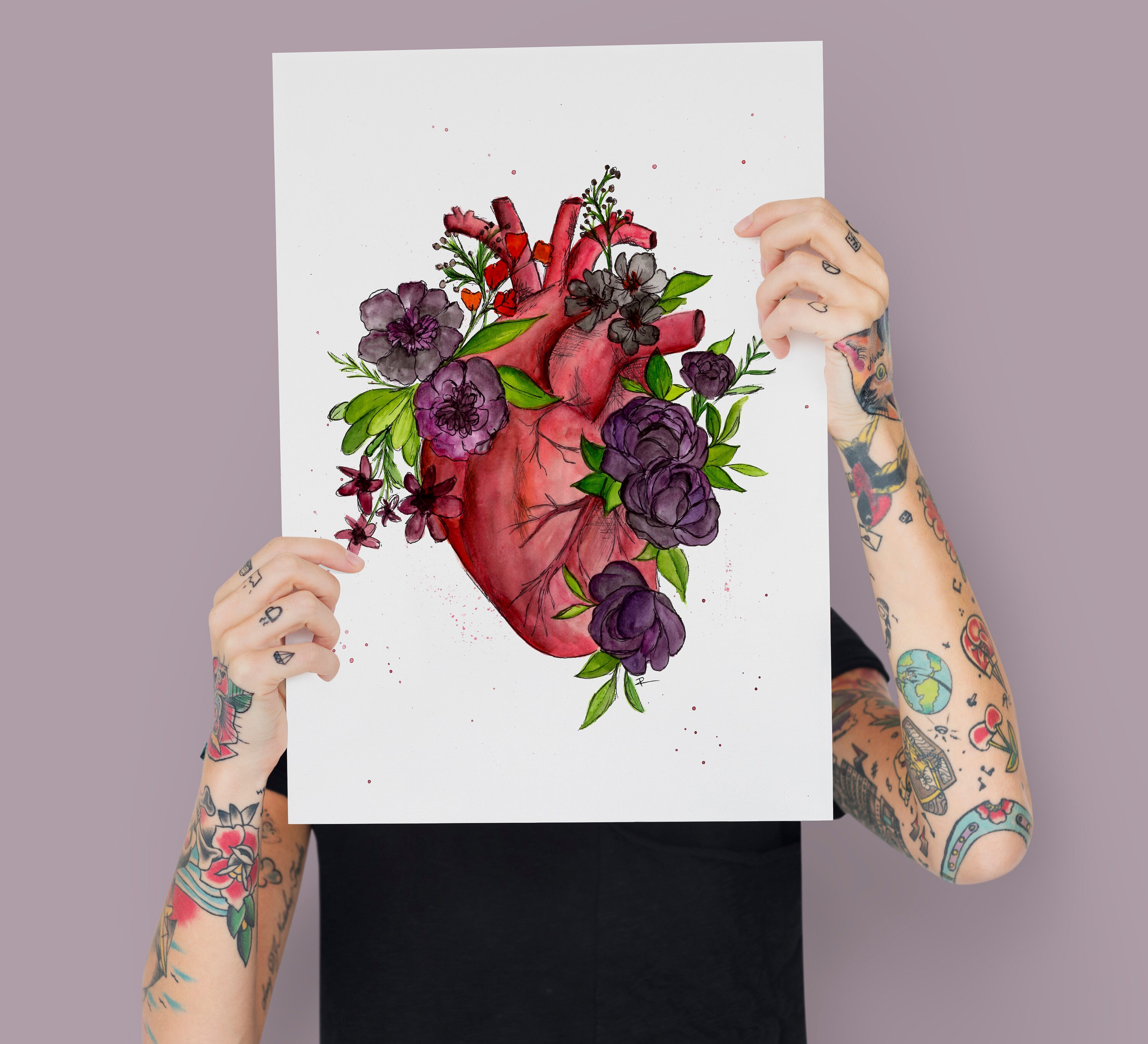 Anatomical Heart Floral Watercolor Print Watercolor Sketch - Etsy