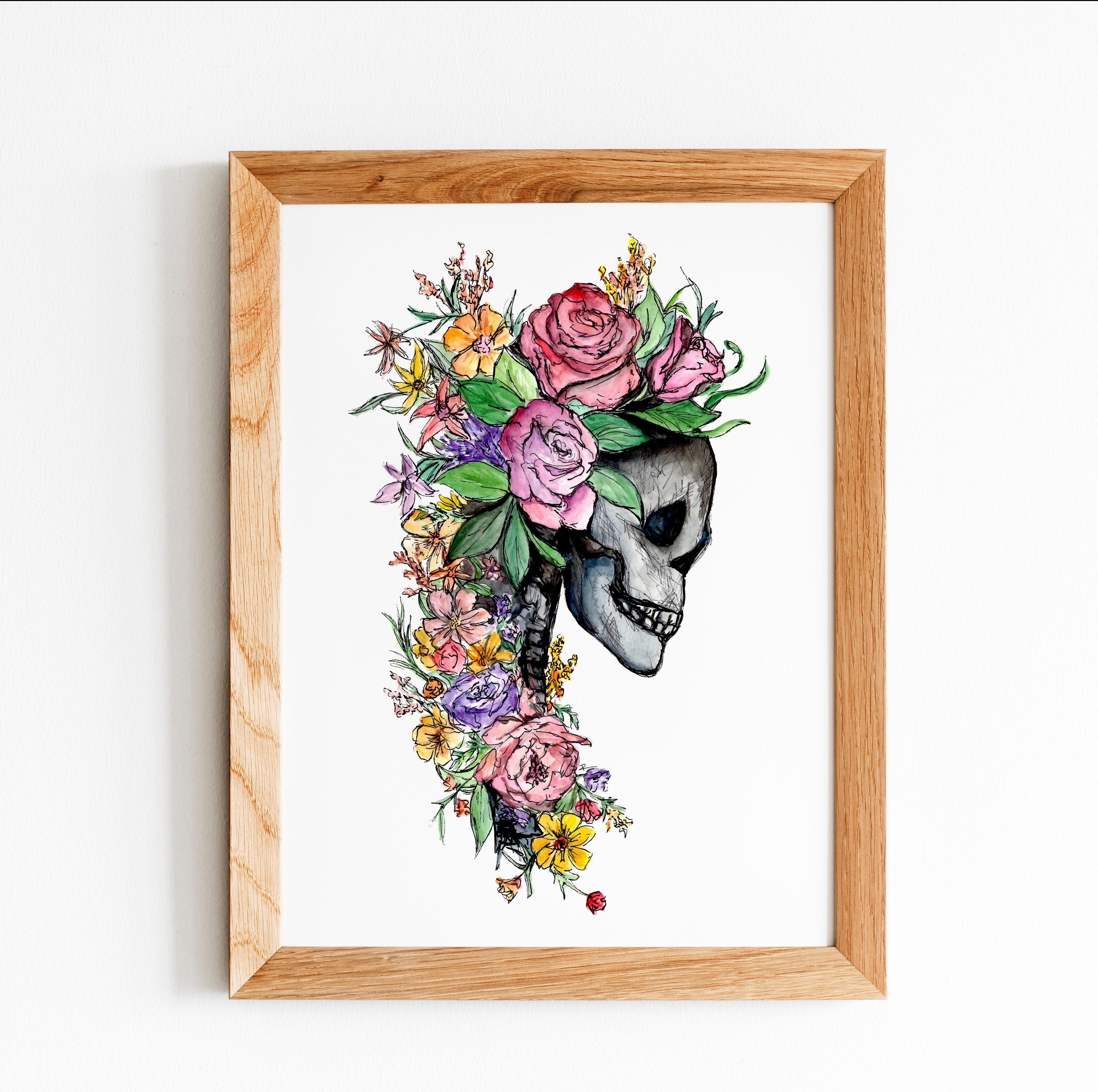 Skull Floral Watercolor Print Watercolor Sketch - Etsy