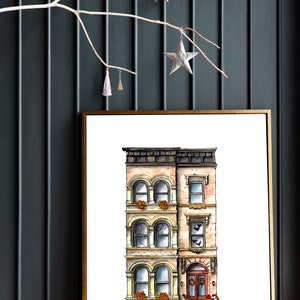 May include: A watercolor painting of a three-story brownstone building with a red door and a stone stoop. The building has a yellow trim and windows with black frames. There are fall leaves scattered on the ground in front of the building.