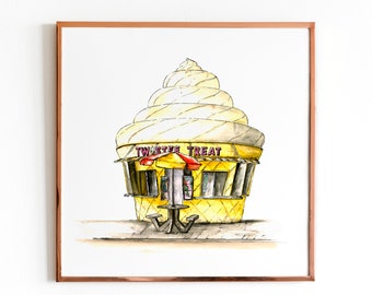 Twistee Treat Watercolor Print | Ice Cream Cone Watercolor Sketch, Hand painted artwork, Florida Painting