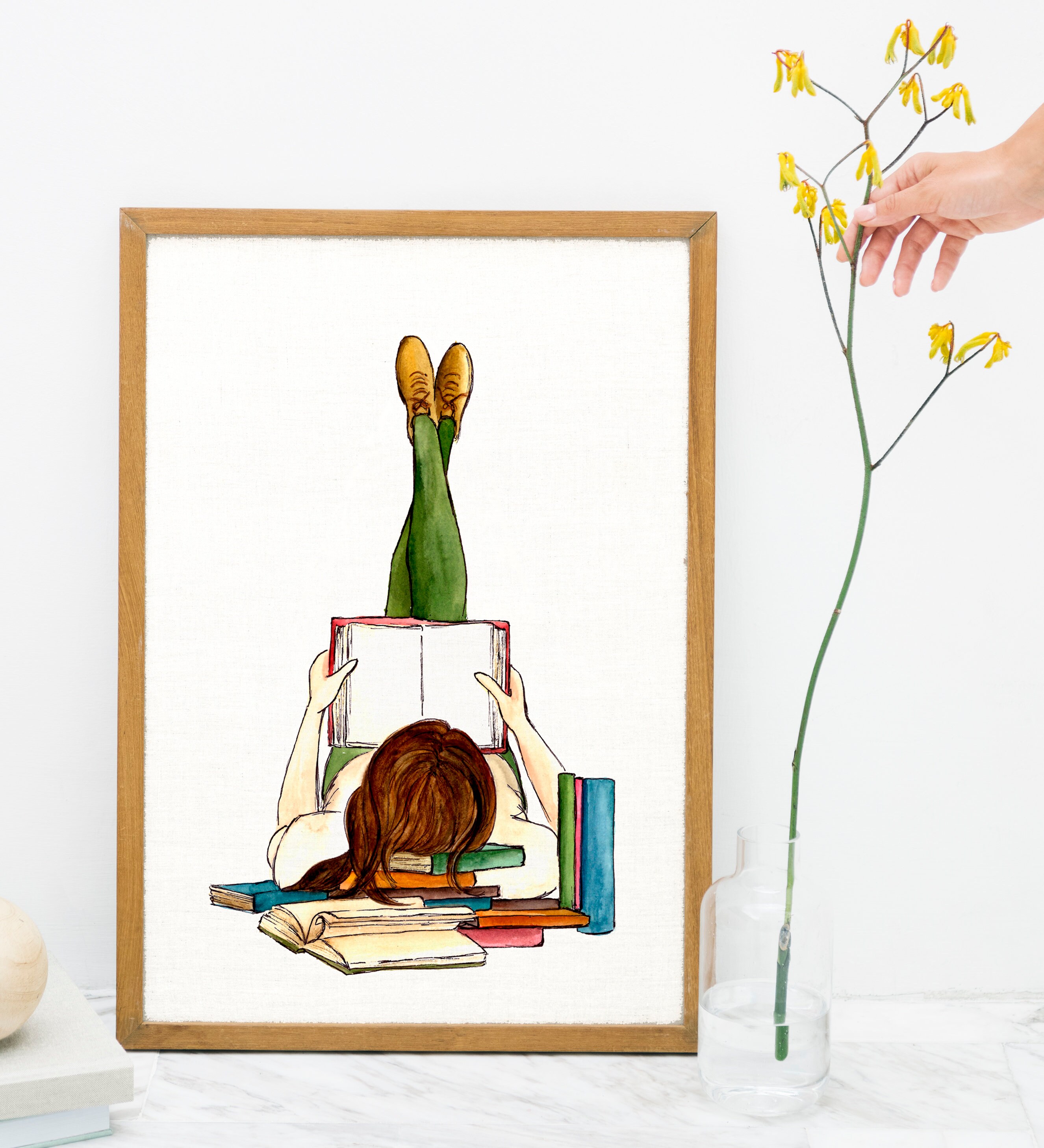 Girl Reading Watercolor Print Book Lover Bookshelf Decor Etsy