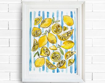 Lemon Pattern Watercolor Print | Citrus Illustration, Kitchen Artwork