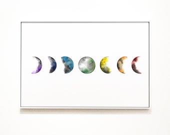 Rainbow Moon Phases Art Print: Watercolor Giclée Home Decor