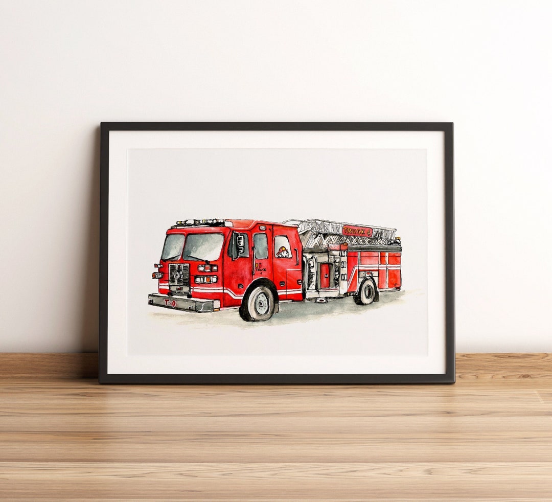 Fire Truck Watercolor Print | Hand Painted Fire Truck Illustration ...