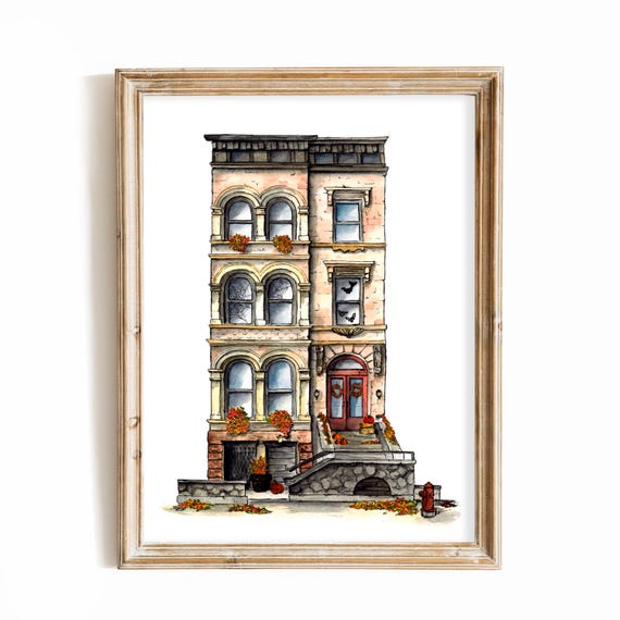 Halloween Brownstone Watercolor Print: NYC Fall Art