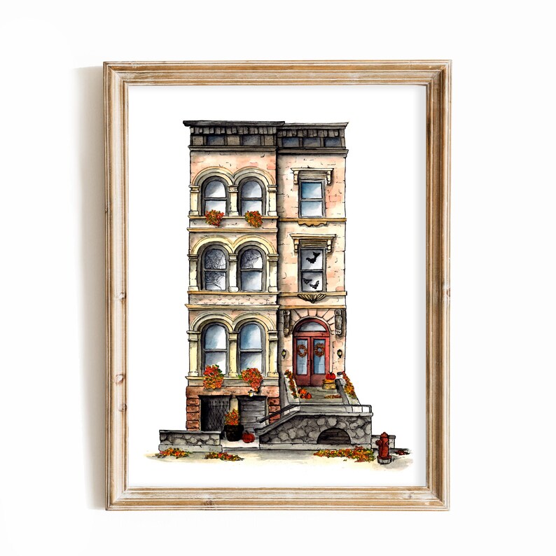 May include: A watercolor illustration of a three-story brownstone building with a red door and a stone stoop. The building has a brick facade with white trim and windows. There are fall leaves on the ground in front of the building.