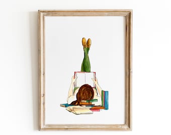 Girl Reading Watercolor Print, Book Lover Bookshelf Decor, Home Artwork, Watercolor Sketch