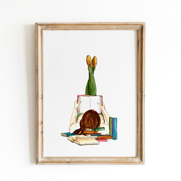 Girl Reading Watercolor Print, Book Lover Bookshelf Decor, Home Artwork, Watercolor Sketch