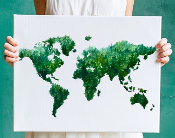 Forest World Map Watercolor Print, Watercolor Sketch | Travel Artwork, Gift for Traveler, Botanical Art Print