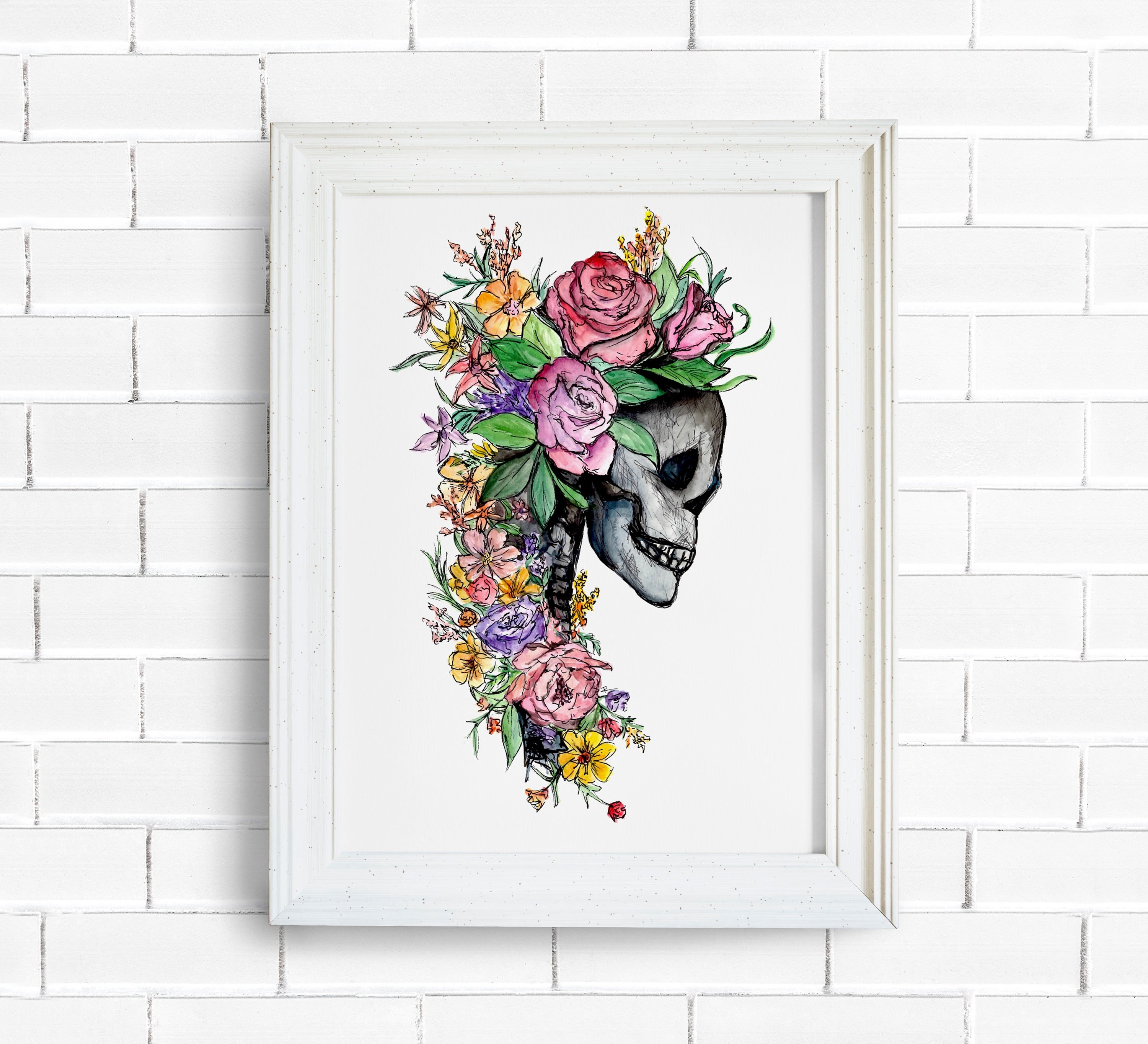 Skull Floral Watercolor Print Watercolor Sketch - Etsy