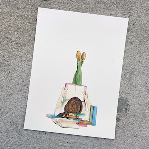 Girl Reading Watercolor Original Artwork Book Lover Bookshelf Decor, Home Artwork, Watercolor Sketch image 3