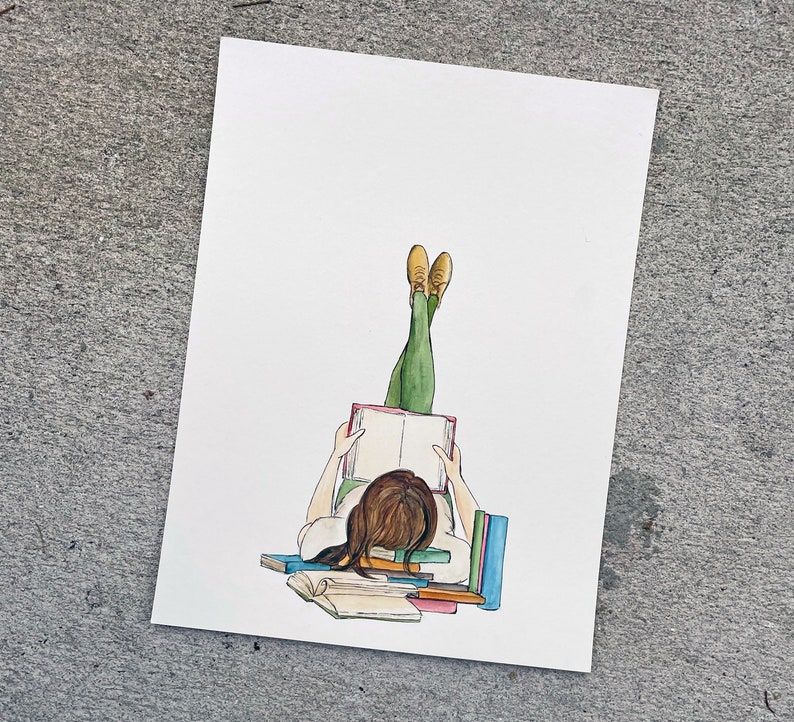 Girl Reading Watercolor Original Artwork Book Lover Bookshelf Decor, Home Artwork, Watercolor Sketch image 3