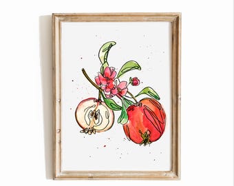 Abstract Apple Blossom Watercolor Print | Apple Illustration, Rosh Hashanah Artwork