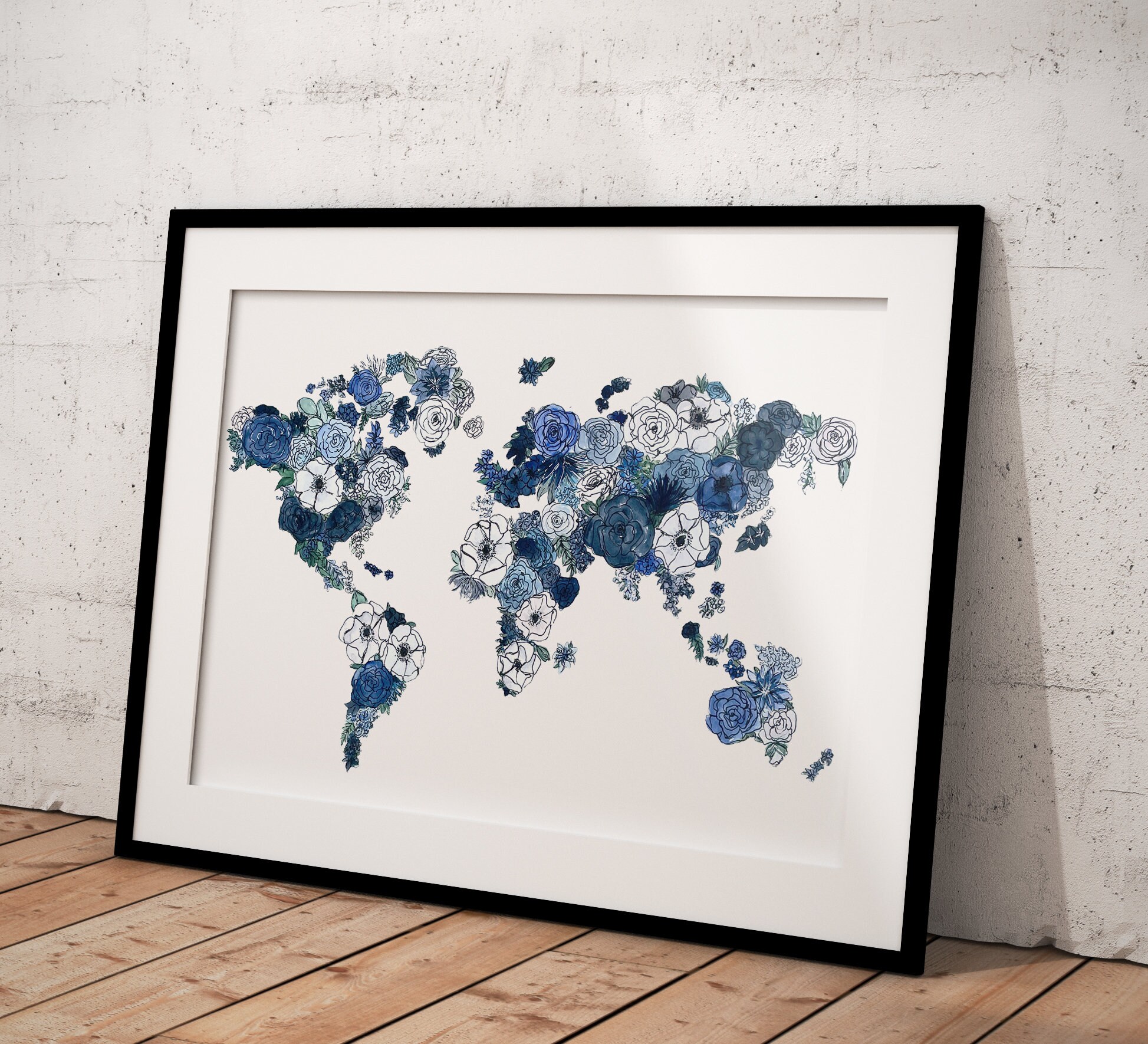 Blue Floral World Map Art Print: Watercolor Travel Artwork - Etsy