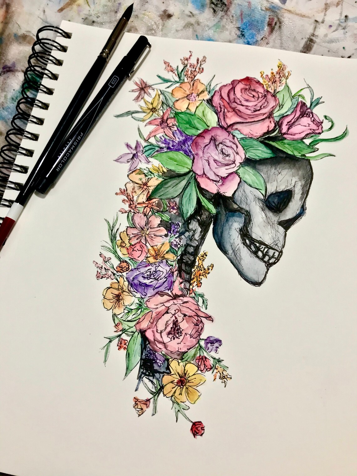 Skull Floral Watercolor Print Watercolor Sketch - Etsy