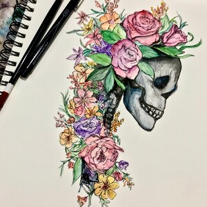 Skull Floral Watercolor Print, Watercolor Sketch - Etsy