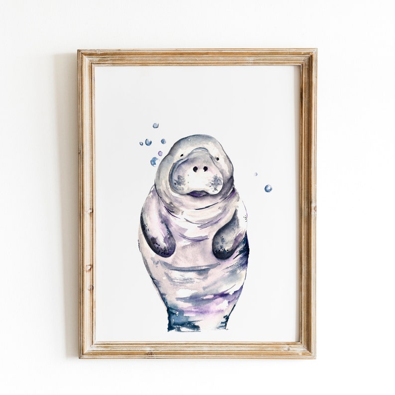 watercolor manatee in blues and purples