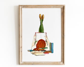 Girl Reading Watercolor Print, Red Head | Book Lover Bookshelf Decor, Home Artwork, Watercolor Sketch