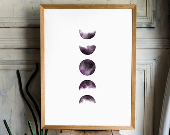 Purple Moon, Phases of the Moon Art Print, Witchy Artwork, Home & Office Decor