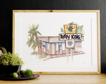 Beefy King Restaurant Orlando Watercolor Print: Florida Landmark Art