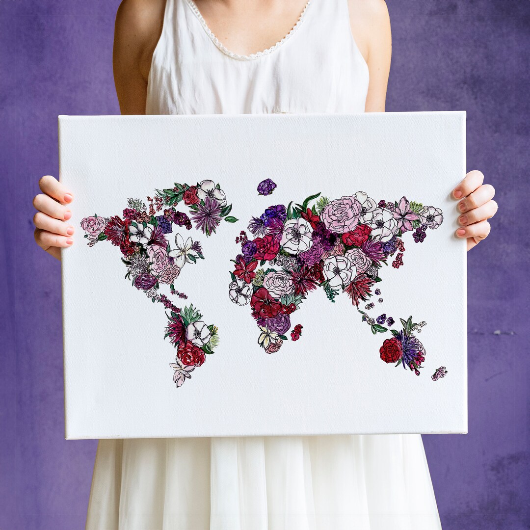 Lilac Floral World Map Watercolor Print, Watercolor Sketch | Travel ...