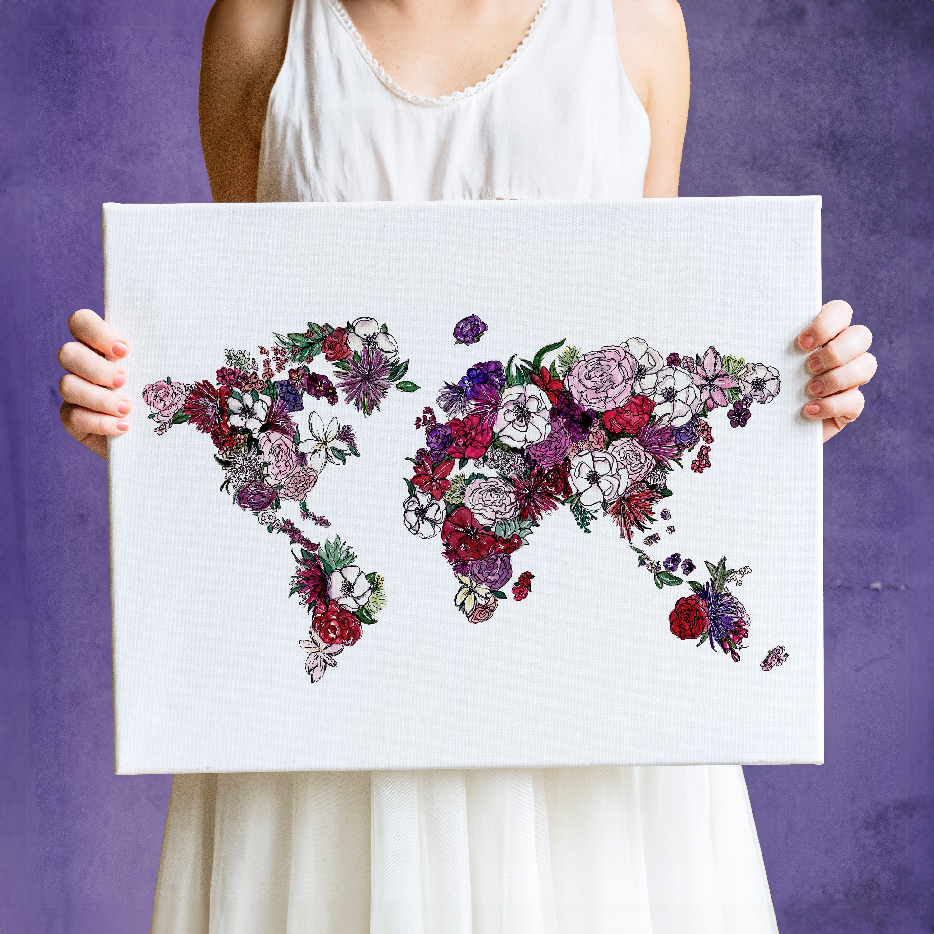 Lilac Floral World Map Art Print - Etsy