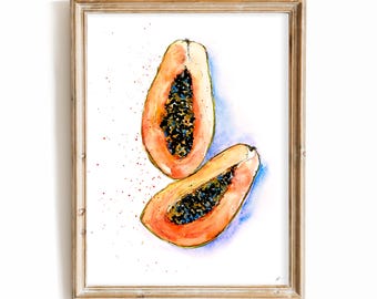 Papaya Watercolor Print | Fruit Illustration, Kitchen and Garden Artwork, Food Painting
