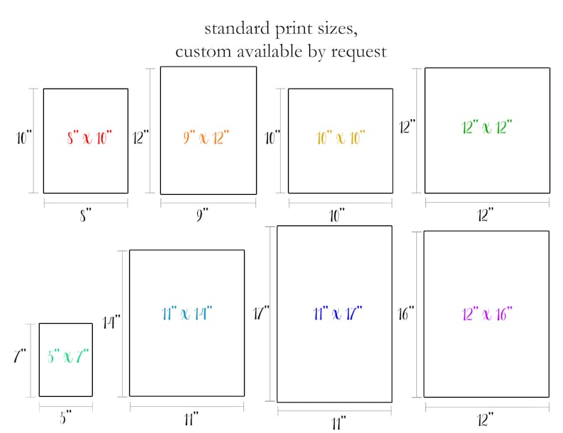 May include: A chart showing standard print sizes in inches for custom prints. The sizes range from 5x7 inches to 12x16 inches.