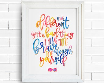 Luna citazione acquerello arte stampa / essere diversi non è una brutta cosa, Inspirational Wall Art, Inspirational Quote, Baby Shower Gift