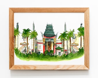 Grauman's Chinese Theatre Watercolor Print, GMR Theatre, Watercolor Sketch