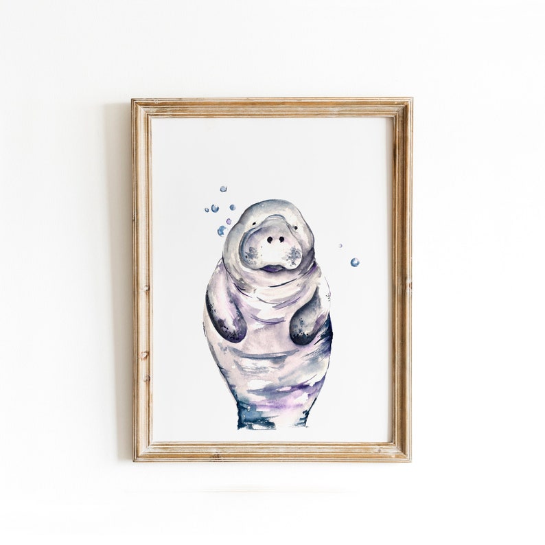 May include: A watercolor painting of a manatee with a light purple and blue color scheme. The manatee is surrounded by small blue circles, resembling bubbles.