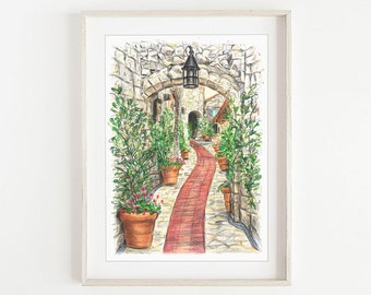 Exploring Èze, France. Giclee Print of Pencil Colour Illustration