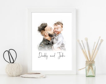 Personalised Dad Portrait Print / Custom Watercolour Painting Illustration - Father's Day Present, Dad and Baby Daughter / Son Birthday Gift