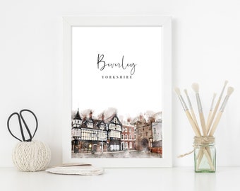 Beverley Watercolour Painting Illustration Print, British Skyline Cityscape Wall Art, East Yorkshire / Hull Travel Poster Postcard