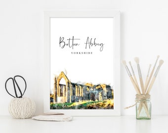Bolton Abbey Watercolour Painting Illustration Print, British Countryside National Trust Wall Art, Yorkshire Dales Travel Poster Postcard