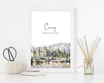 Conwy Castle Watercolour Painting Illustration Print, British Coastal Countryside, North Wales Wall Art, Wales Welsh Travel Poster Postcard