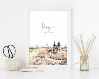 Prague Watercolour Painting Illustration Print, Prague Skyline Cityscape, Czech Wall Art, Czech Republic Travel Poster, Prague Poster