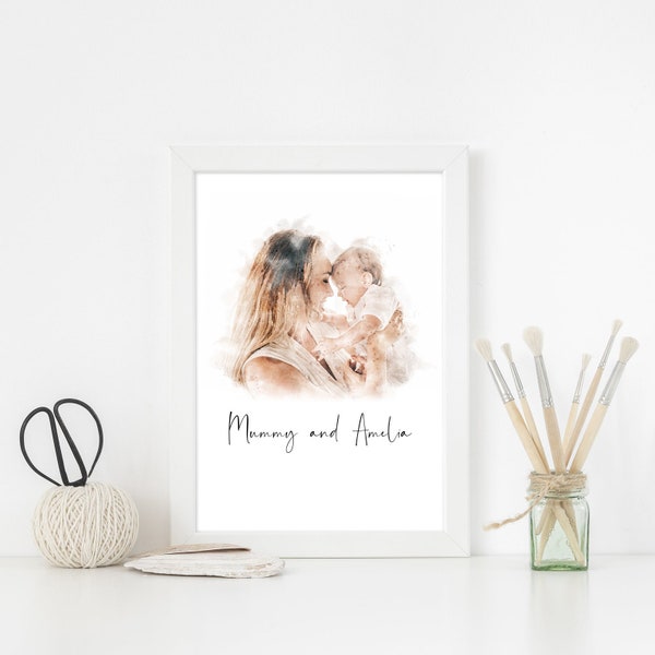 Personalised Mum Portrait Print / Custom Watercolour Painting Illustration - Mother's Day Present, Mom and Baby Daughter / Son Birthday Gift