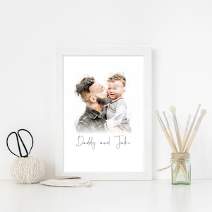 Impression personnalisée de portrait de papa / Illustration personnalisée de peinture aquarelle - cadeau de fête des pères, cadeau d'anniversaire pour papa et bébé fille / fils