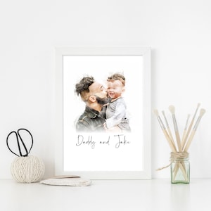 Personalised Dad Portrait Print / Custom Watercolour Painting Illustration - Father's Day Present, Dad and Baby Daughter / Son Birthday Gift